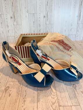 BAIT Footwear Womens Blue Patent Platform Heels Bow Ankle Strap Retro Pinup